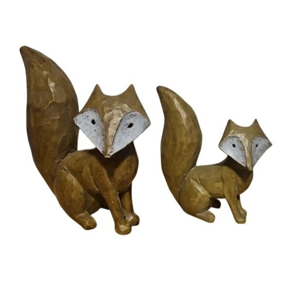 Rustic Faux Wood Fox Figurine Set 2 Piece‎ Resin Woodland Cabin Decor Brown